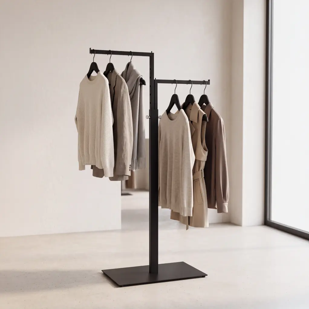 Black multi-arm garment rack with 2 adjustable arms for retail stores