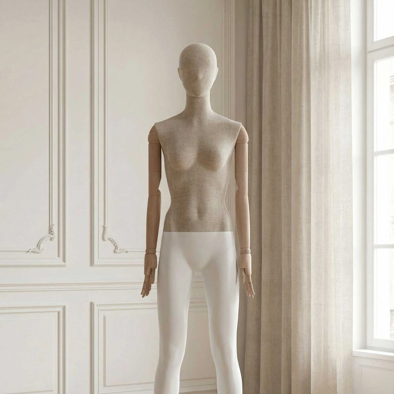 vintage, met stof overtrokken vrouwelijke mannequin met houten armen