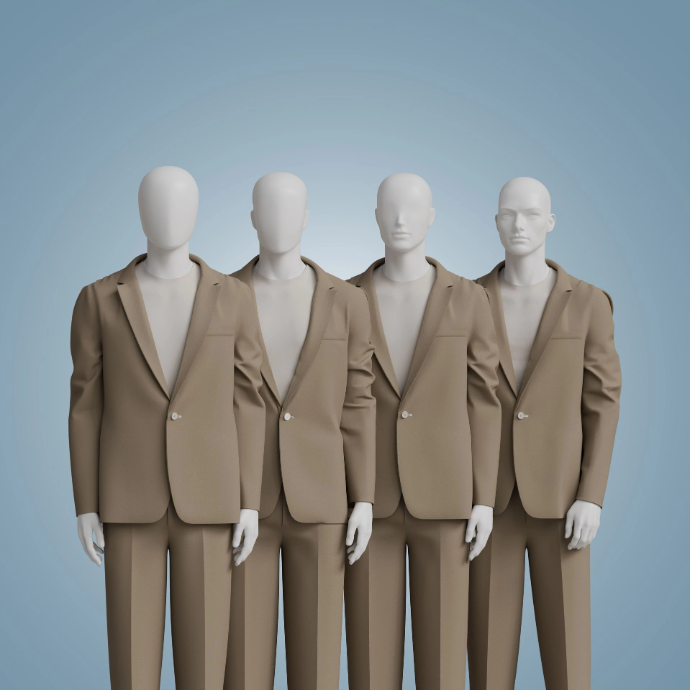 Male mannequin head styles in a tan blazer Four male mannequins side by side in the same tan blazer, showing four different head styles from abstract egg-shaped to realistic sculpted