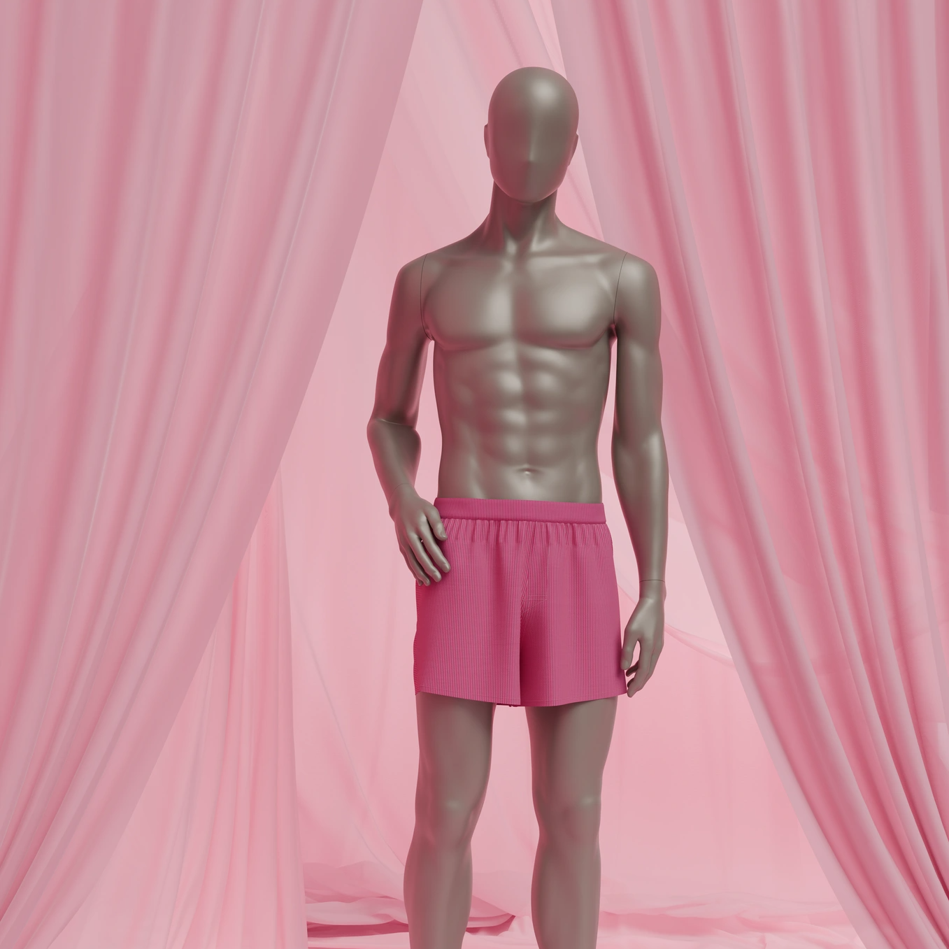 Muscular male mannequin in pink striped boxer shorts standing in front of soft pink draped curtains
