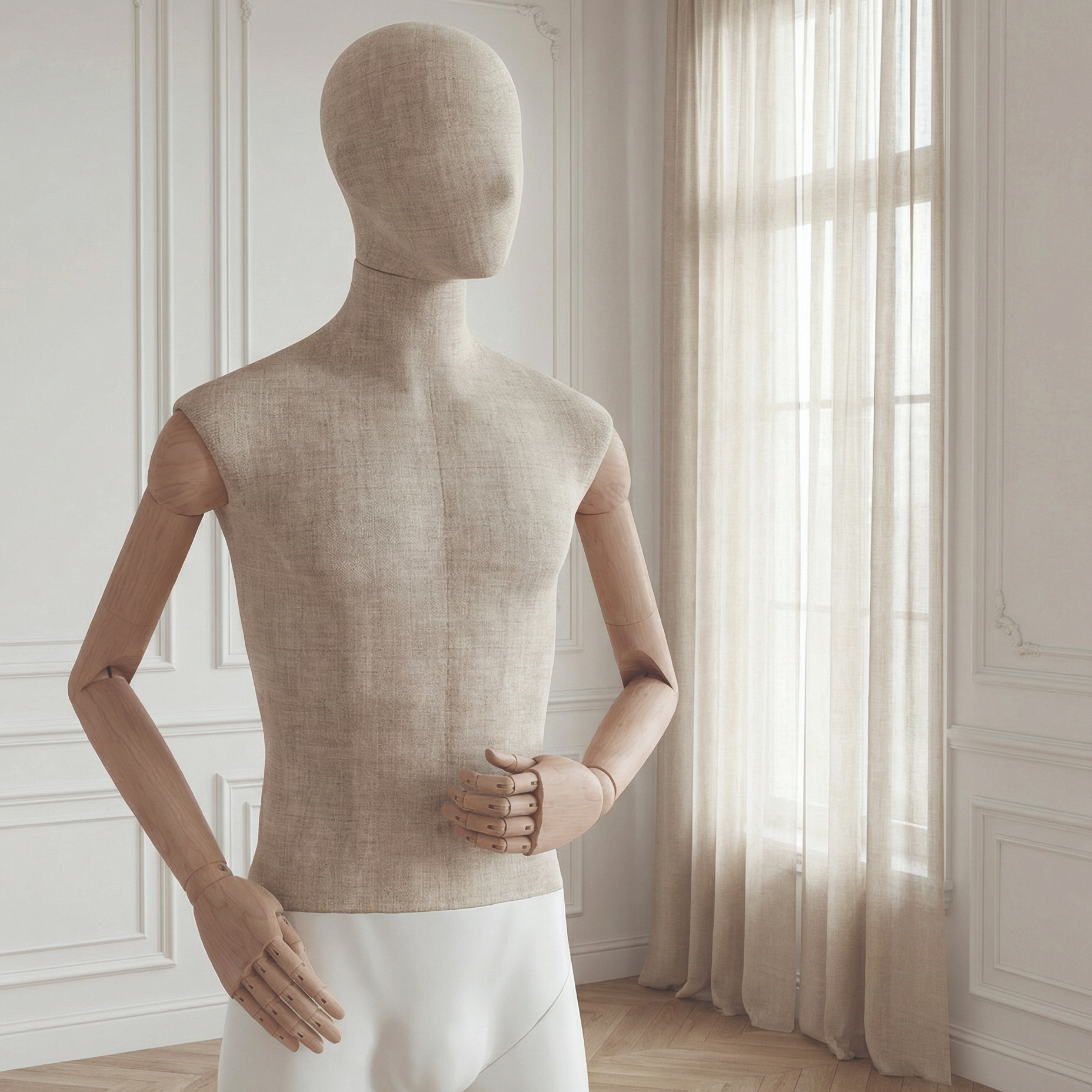 Fabric-covered male mannequin torso with wooden articulated arms and hands in a bright room with tall windows and sheer curtains