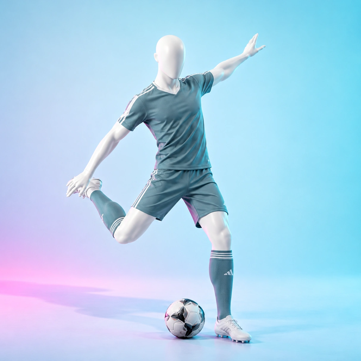 Sports mannequin in a teal football kit mid-kick with a football on a bright blue and pink gradient background