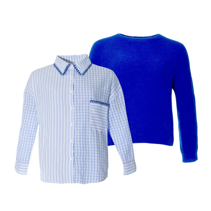 Ghost mannequin packshot result Gingham shirt and blue sweater as floating packshots, ghost mannequin effect with no mannequin visible