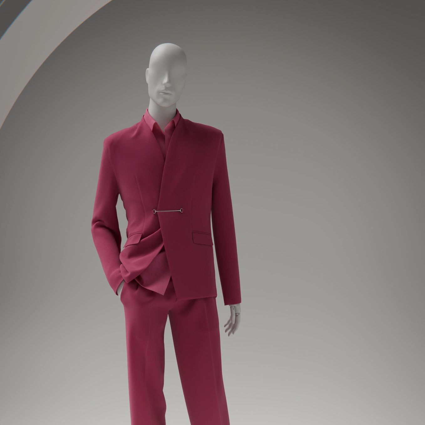 Male mannequin in a raspberry-red suit with stand-up collar