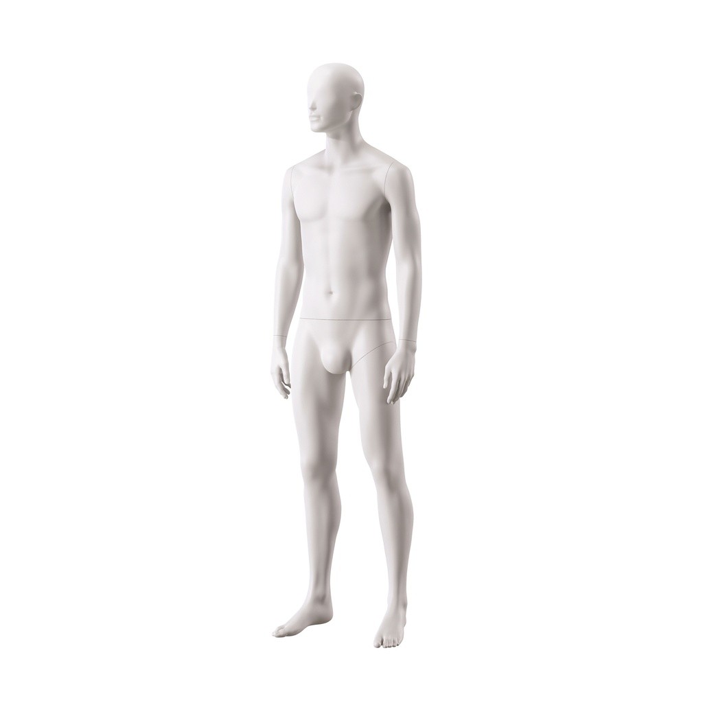 BINK - Basic male window mannequin, semi-abstract head, round tempered glass base, soft clay matt, pose 103