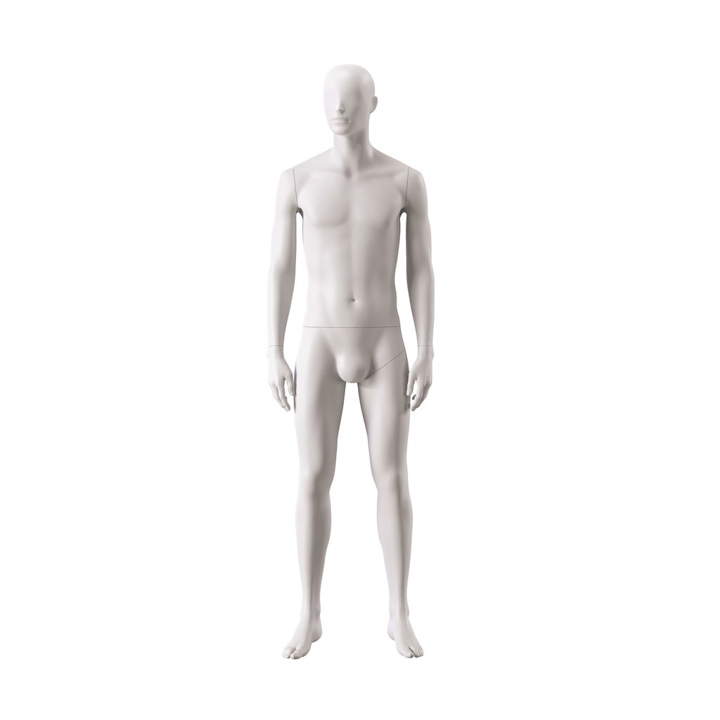 BINK - Basic male window mannequin, semi-abstract head, round tempered glass base, soft clay matt, pose 103