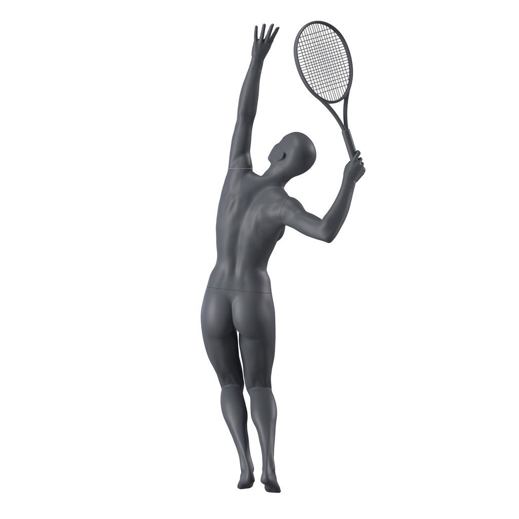 Tennis sport dames mannequin, grafiet grijs, gestilleerd hoofd, staande pose 50 