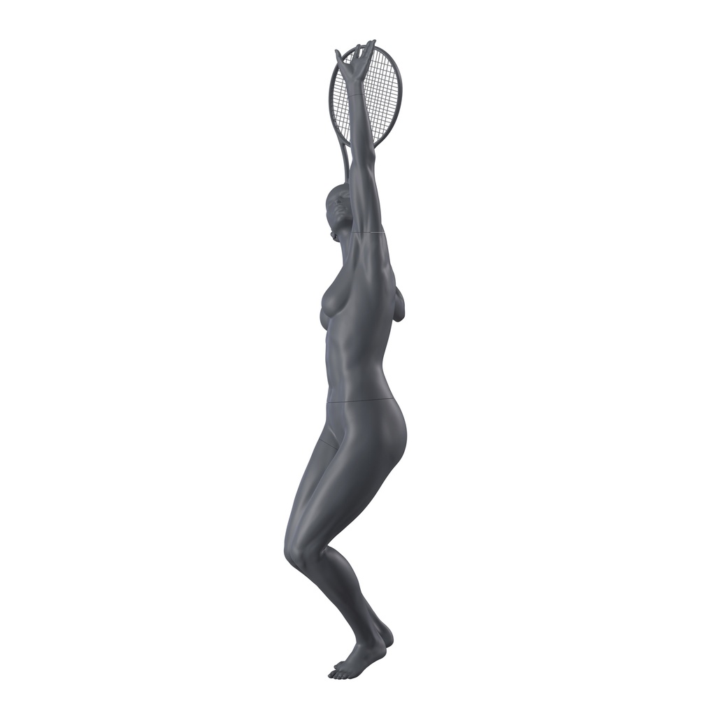Tennis sport dames mannequin, grafiet grijs, gestilleerd hoofd, staande pose 50 
