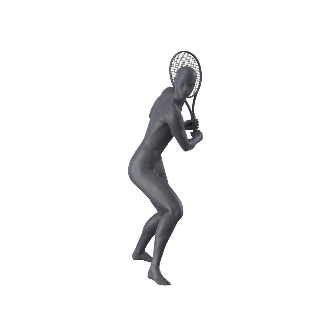 Tennis sport dames mannequin, grafiet grijs, gestilleerd hoofd, staande pose 53