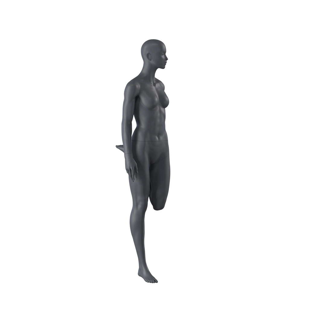 Stretching dames mannequin, grafiet grijs, gestilleerd hoofd, staande pose 03 