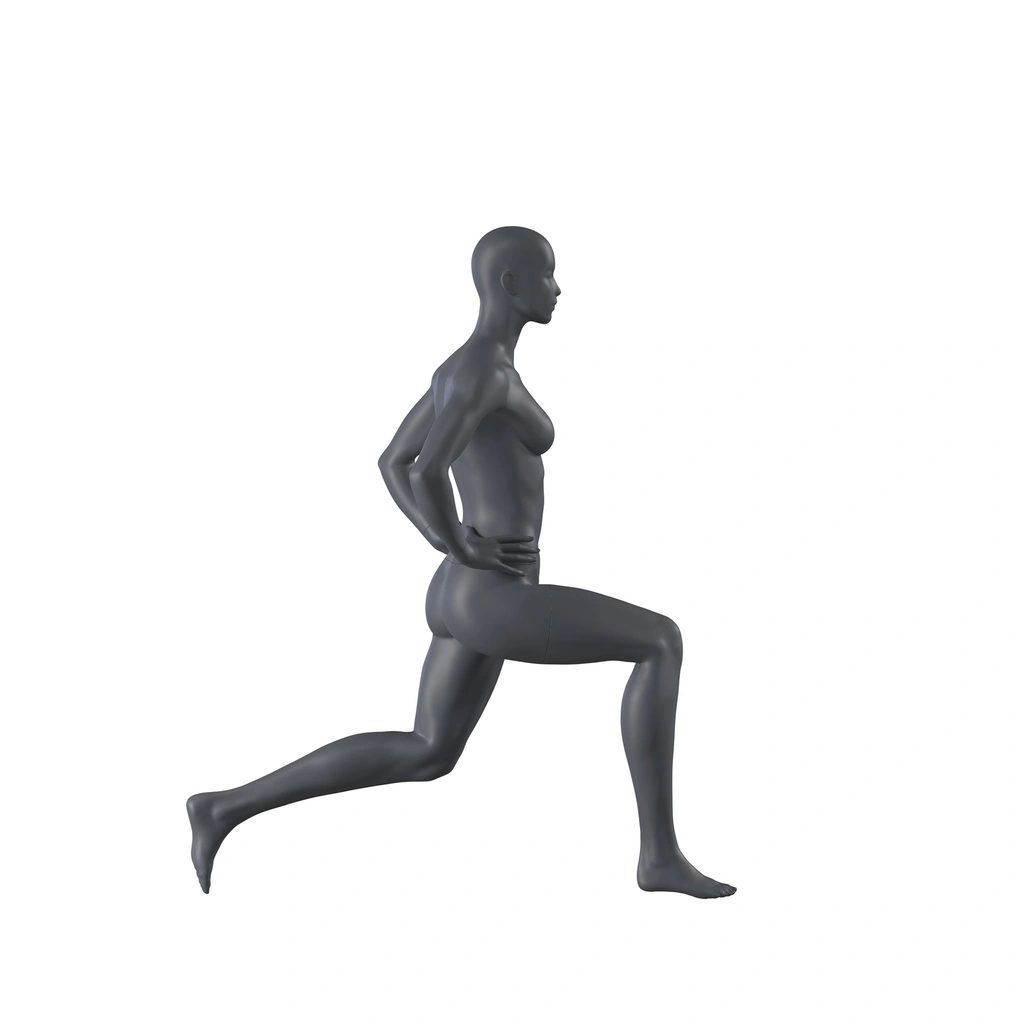 Stretching sport dames mannequin, grafiet grijs, gestilleerd hoofd, staande pose 06 