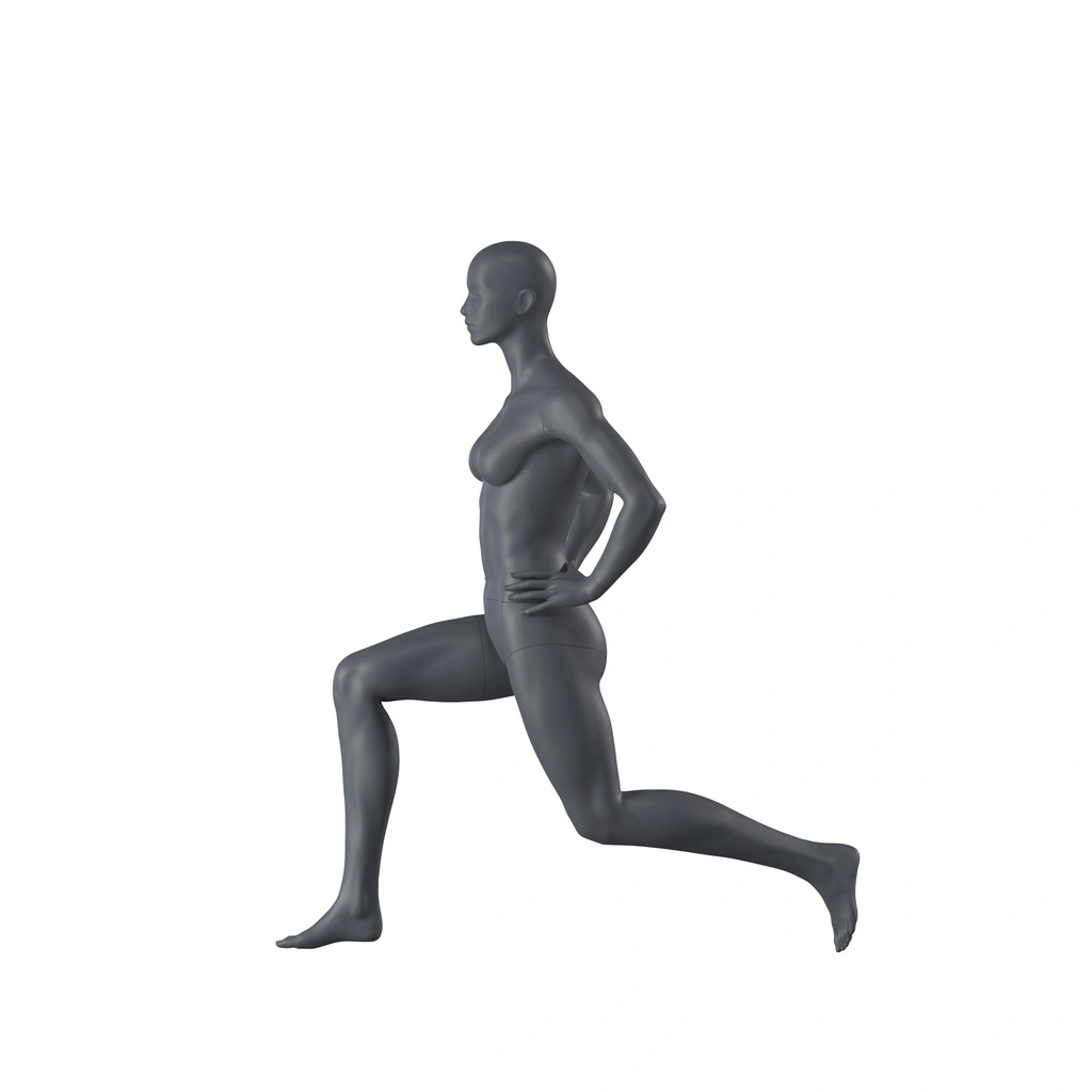 Stretching sport dames mannequin, grafiet grijs, gestilleerd hoofd, staande pose 06 