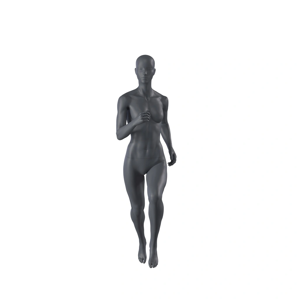 Lopende sport dames mannequin, grafiet grijs, gestilleerd hoofd, staande pose 04