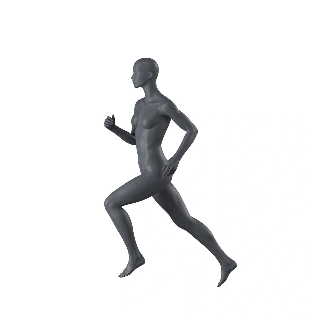 Lopende sport dames mannequin, grafiet grijs, gestilleerd hoofd, staande pose 04
