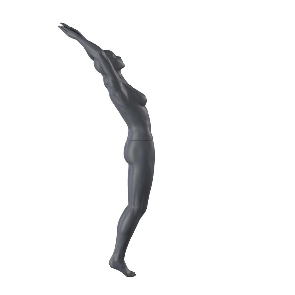 Duikende sport dames mannequin, grafiet grijs, gestilleerd hoofd, staande pose 24