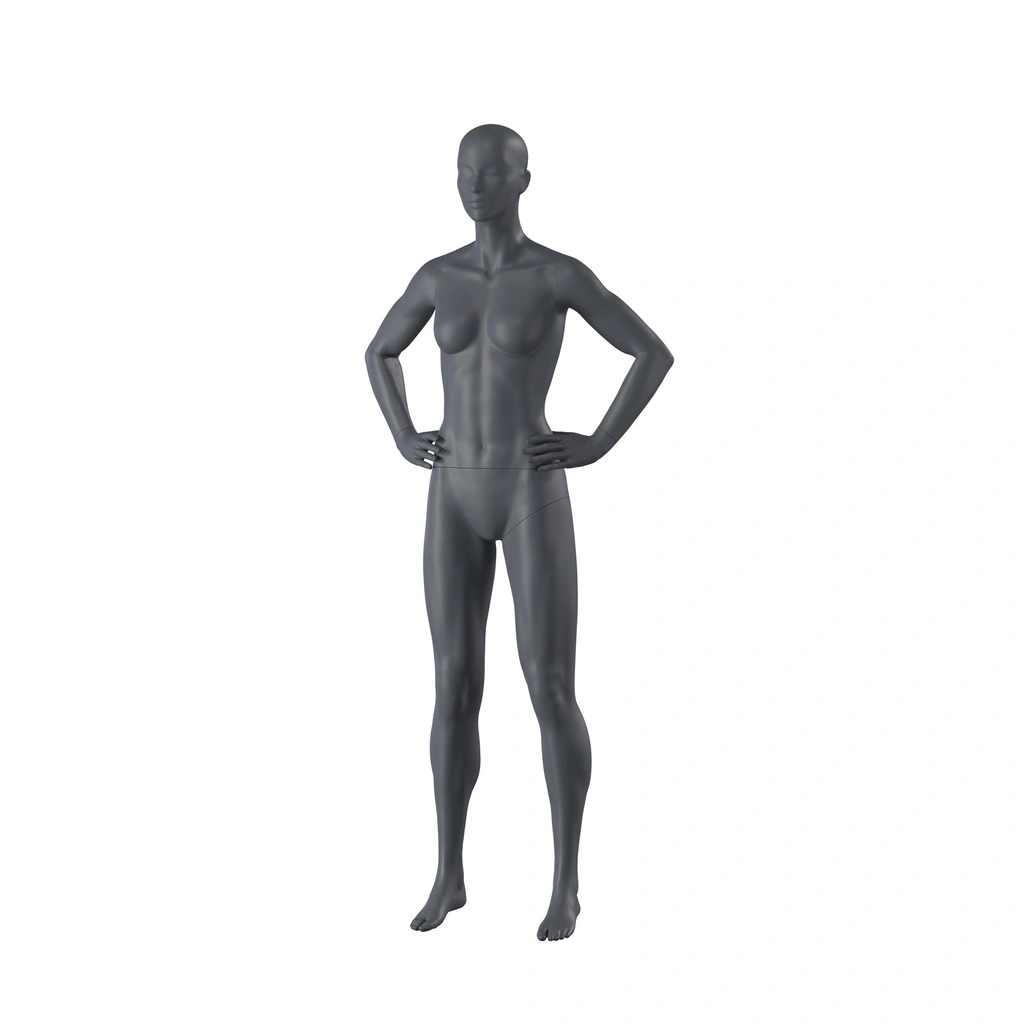 Sport dames mannequin, grafiet grijs, gestilleerd hoofd, staande pose 13