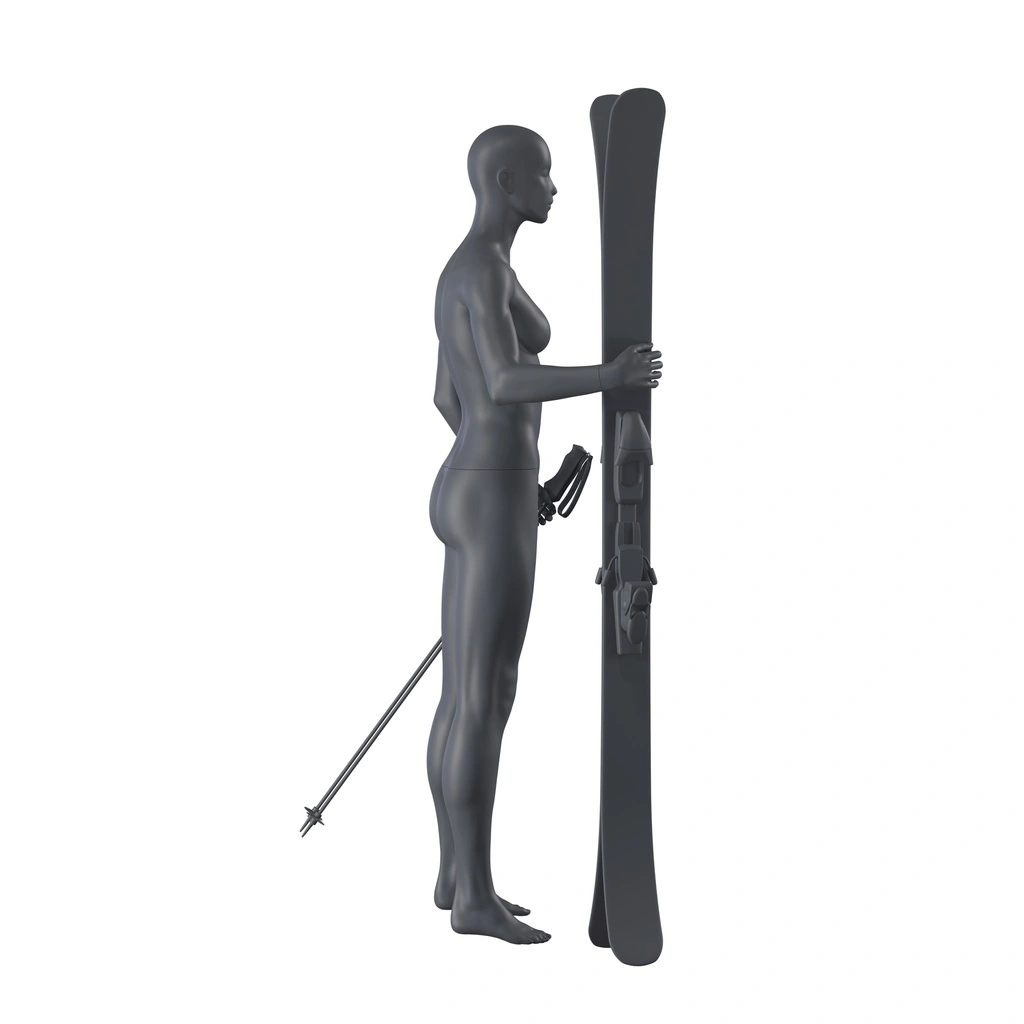 Ski sport dames mannequin, grafiet grijs, gestilleerd hoofd, staande pose 10 