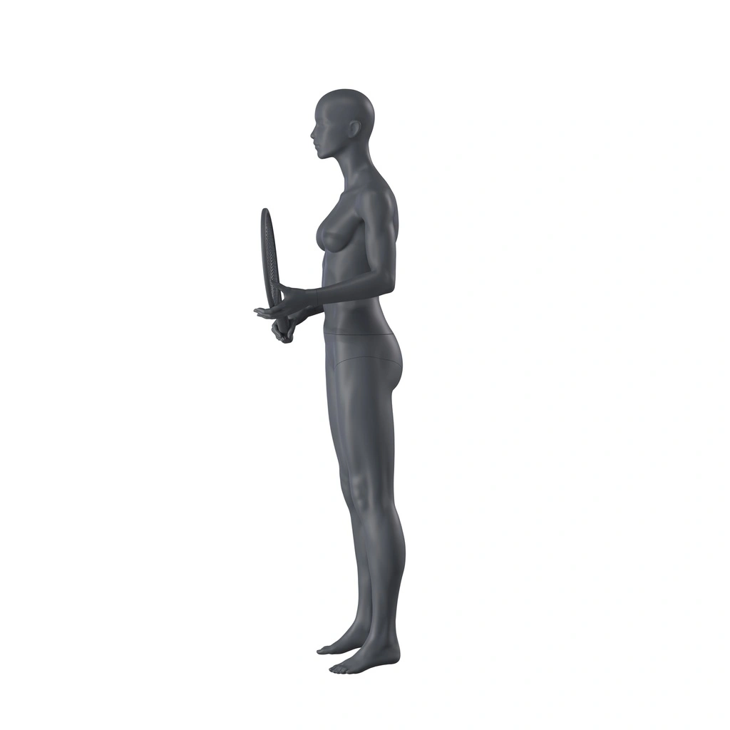 Sport dames etalagepop, tennis pose, grafiet grijs, gestilleerd hoofd, staande pose 02