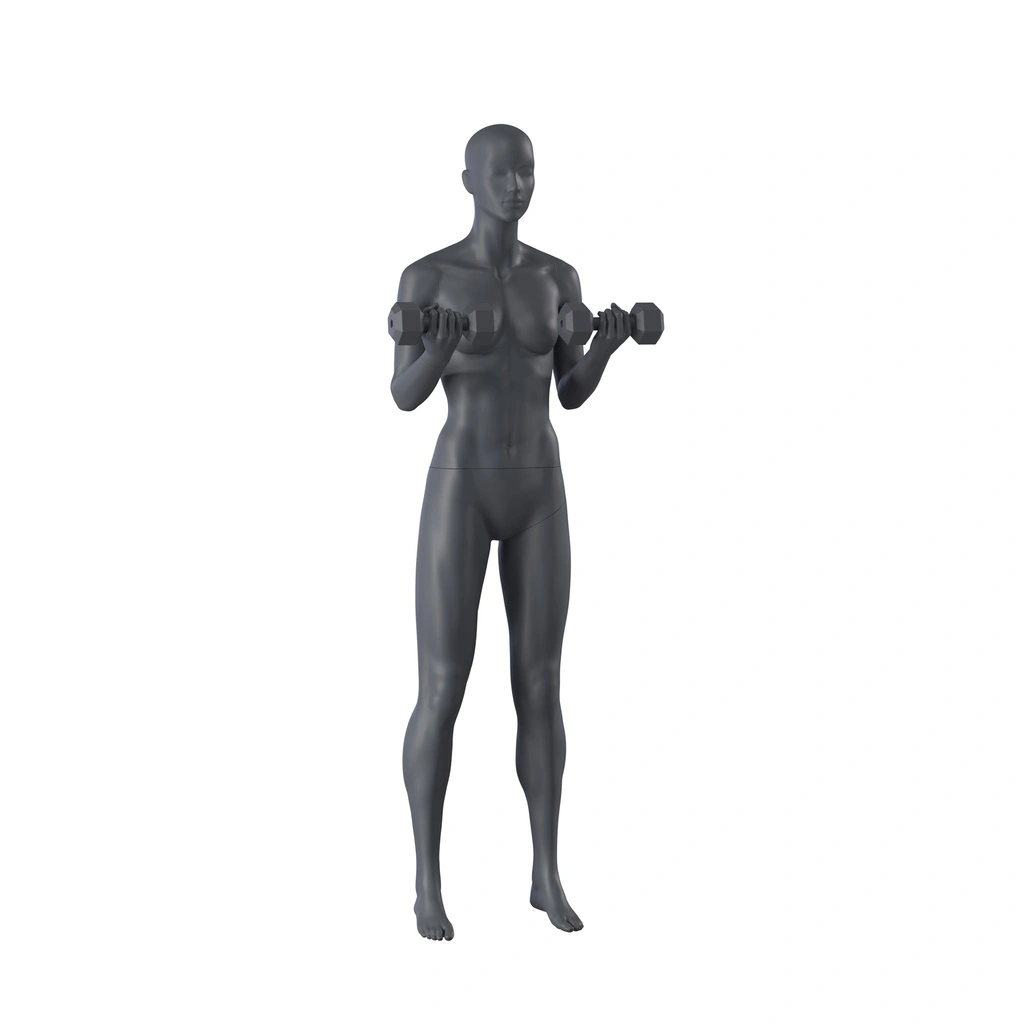 Kettlebell fitness dames mannequin, grafiet grijs, gestilleerd hoofd, staande pose 12