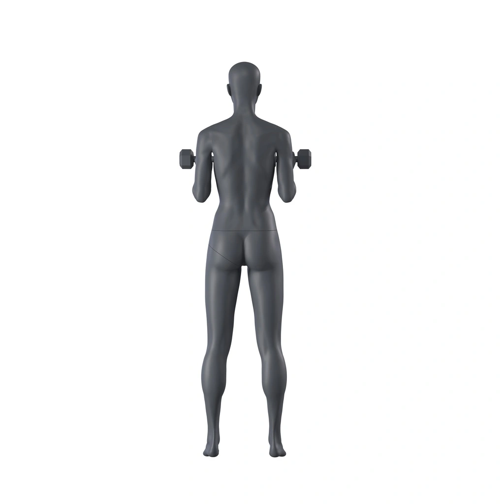 Kettlebell fitness dames mannequin, grafiet grijs, gestilleerd hoofd, staande pose 12