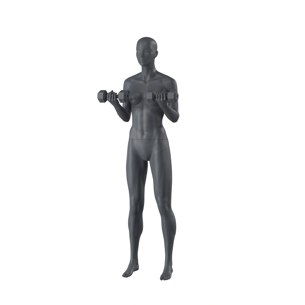 Kettlebell fitness dames mannequin, grafiet grijs, gestilleerd hoofd, staande pose 12