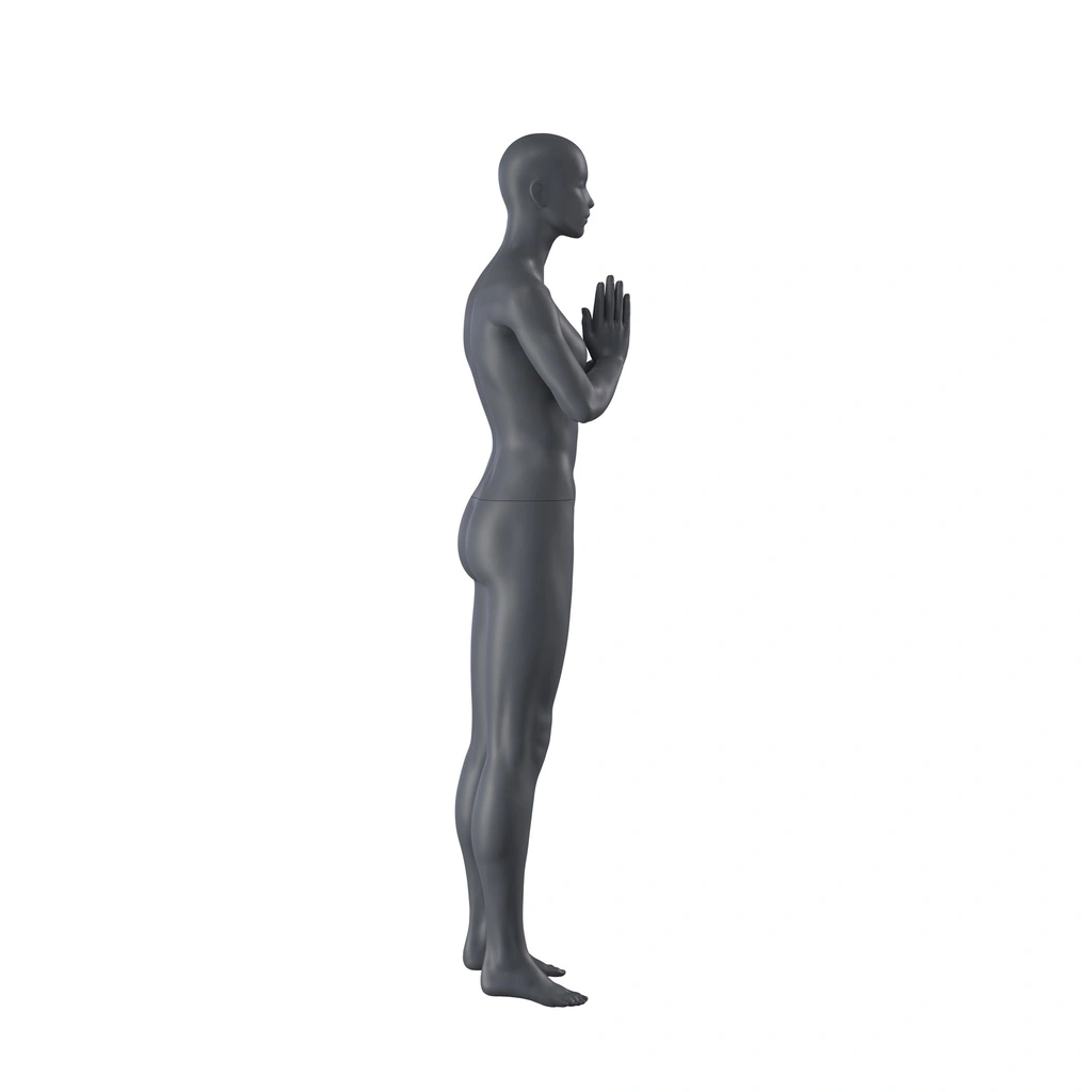 Yoga sport dames mannequin, grafiet grijs, gestilleerd hoofd, staande pose 17