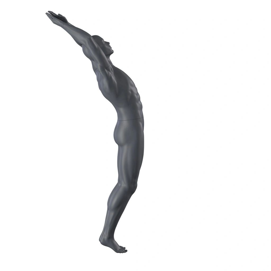 Duikende sport heren mannequin, grafiet grijs, gestilleerd hoofd, staande pose 325