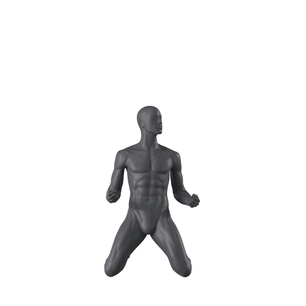 Winnende sport heren mannequin, grijs, abstract hoofd, zittende pose 341