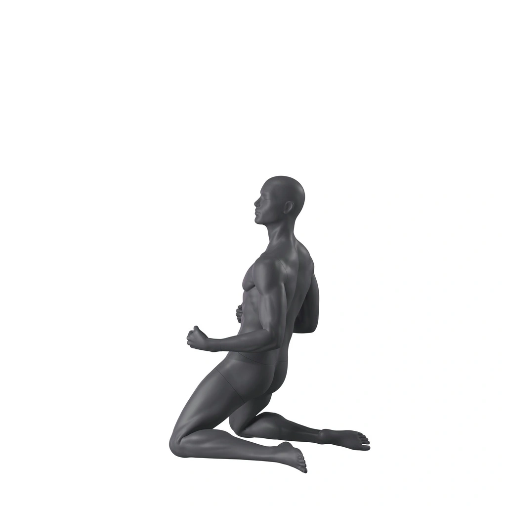 Winnende sport heren mannequin, grijs, abstract hoofd, zittende pose 341