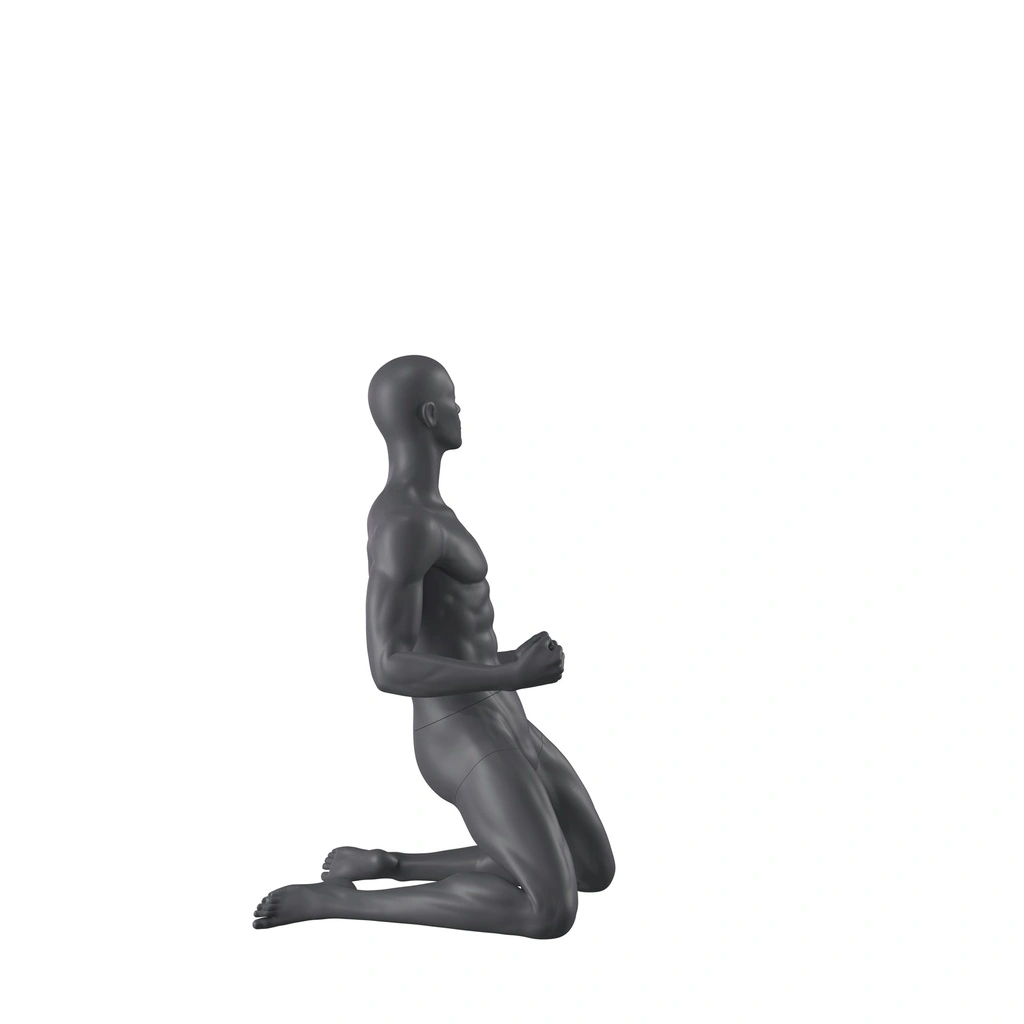 Winnende sport heren mannequin, grijs, abstract hoofd, zittende pose 341