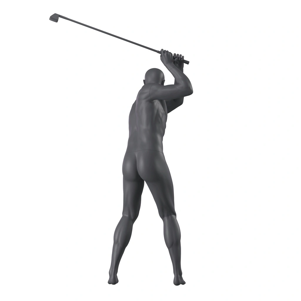 Golfer sport heren mannequin, grafiet grijs, gestilleerd hoofd, staande pose 343