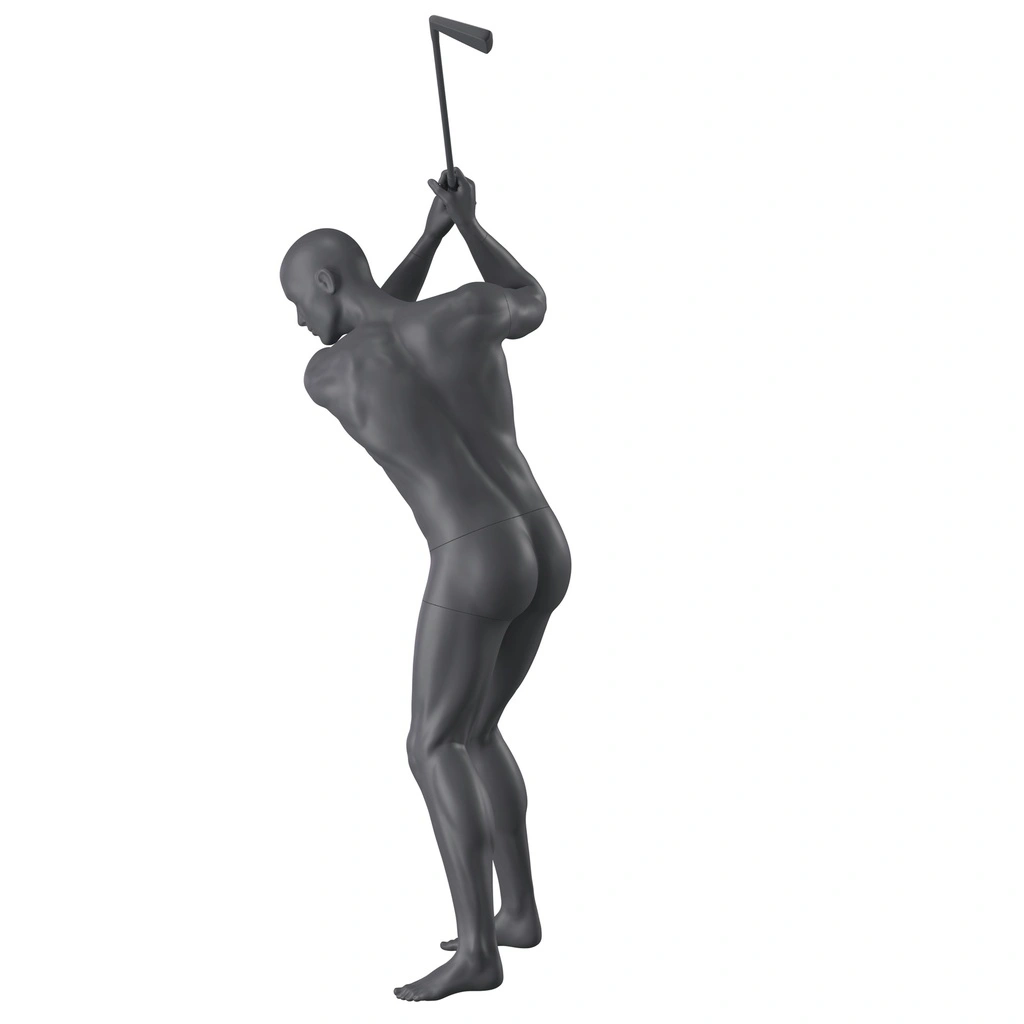 Golfer sport heren mannequin, grafiet grijs, gestilleerd hoofd, staande pose 343