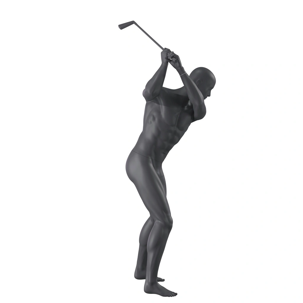 Golfer sport heren mannequin, grafiet grijs, gestilleerd hoofd, staande pose 343