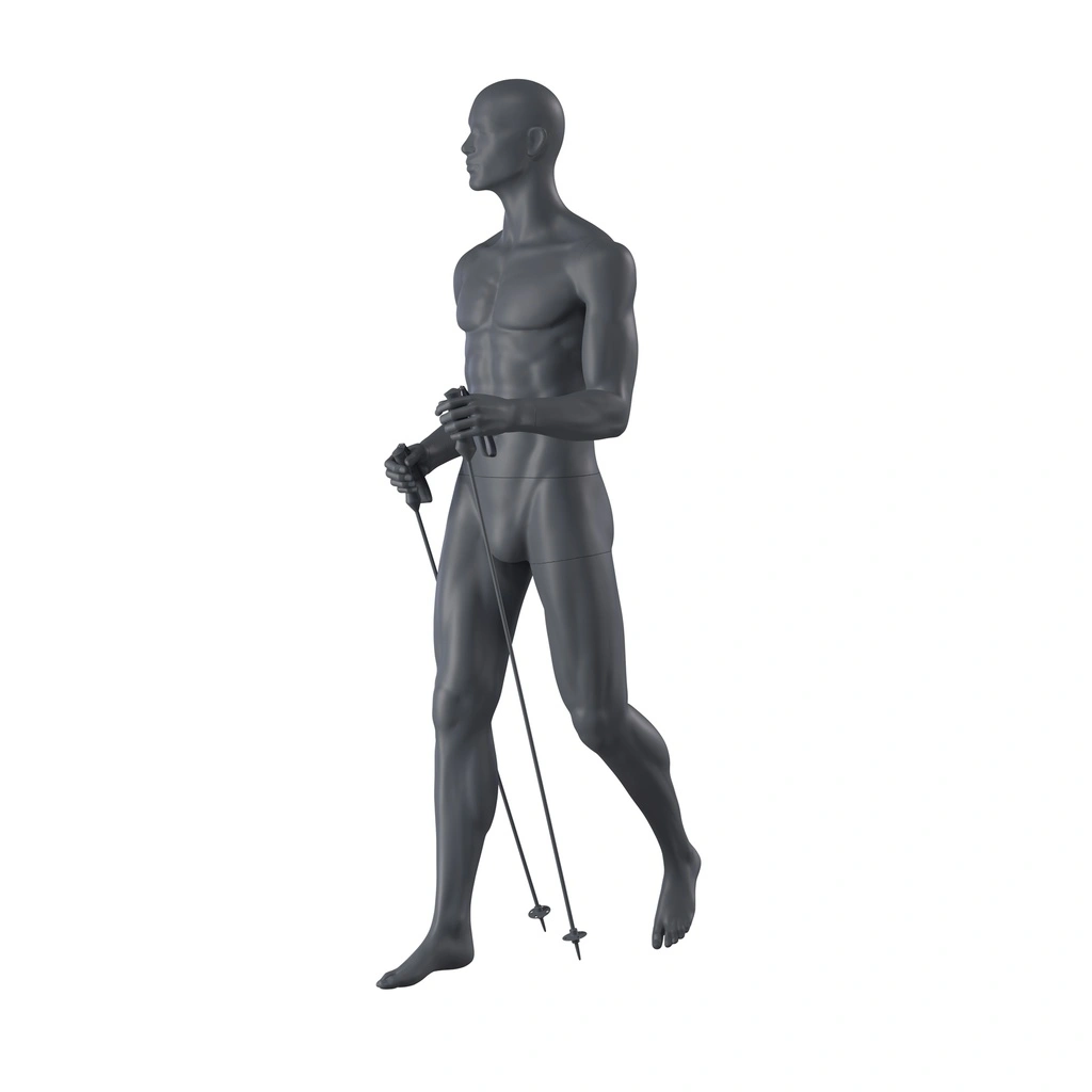 Nordic walking sport heren mannequin, grafiet grijs, gestilleerd hoofd, staande pose 360