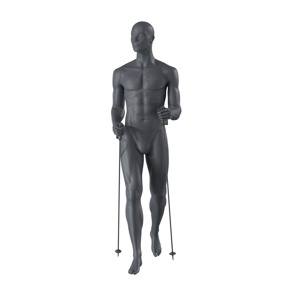 Nordic walking sport heren mannequin, grafiet grijs, gestilleerd hoofd, staande pose 360
