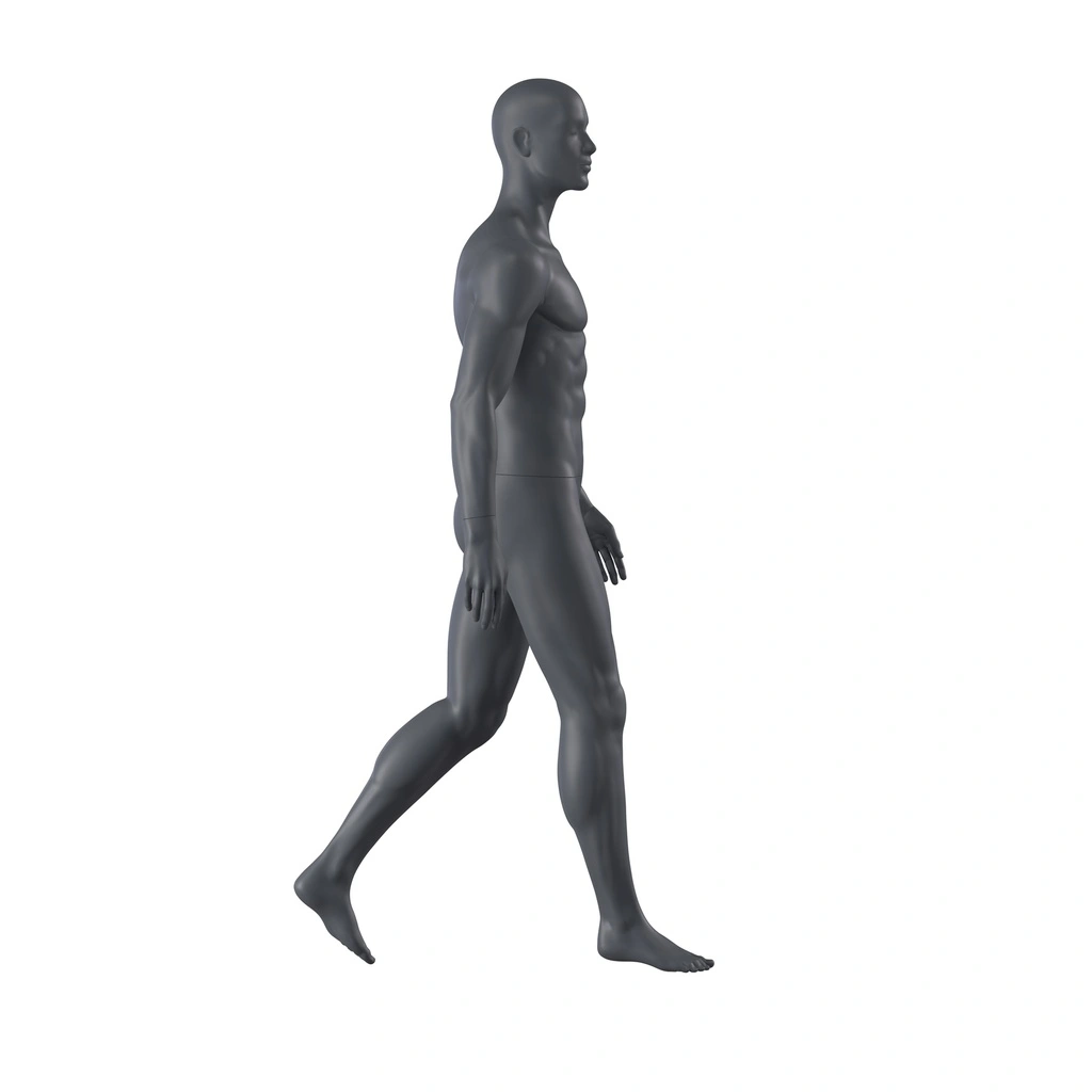 Sport heren mannequin, grafiet grijs, gestilleerd hoofd, staande pose 361