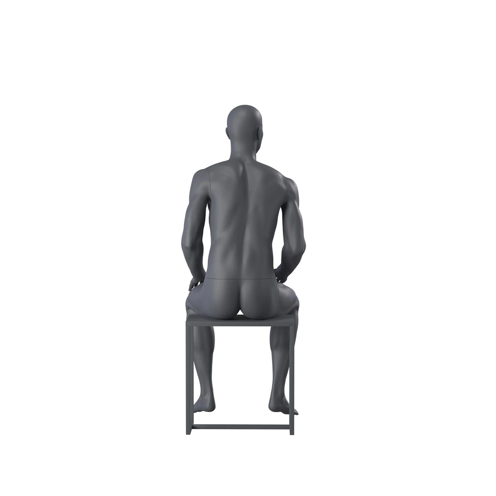 Sport heren mannequin, grafiet grijs, gestilleerd hoofd, zittende pose 365