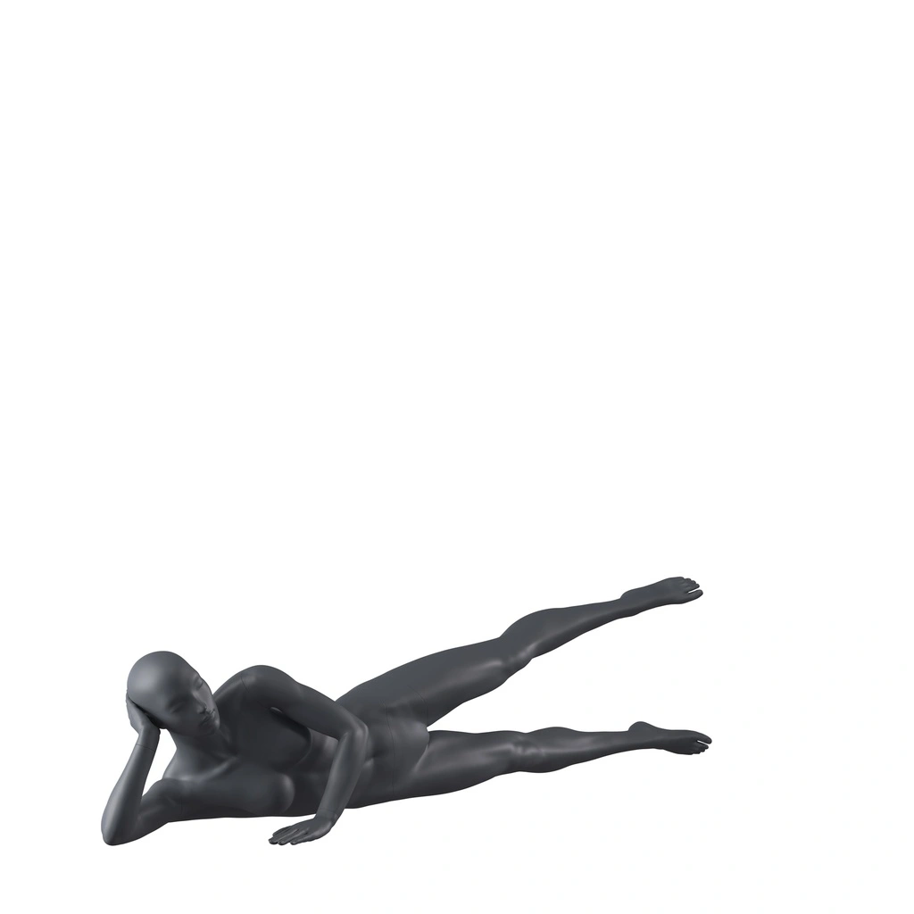 Workout sport dames mannequin, grafiet grijs, gestilleerd hoofd, liggende pose 08