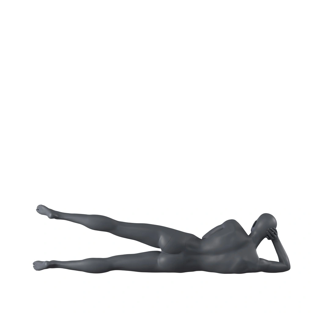 Workout sport dames mannequin, grafiet grijs, gestilleerd hoofd, liggende pose 08