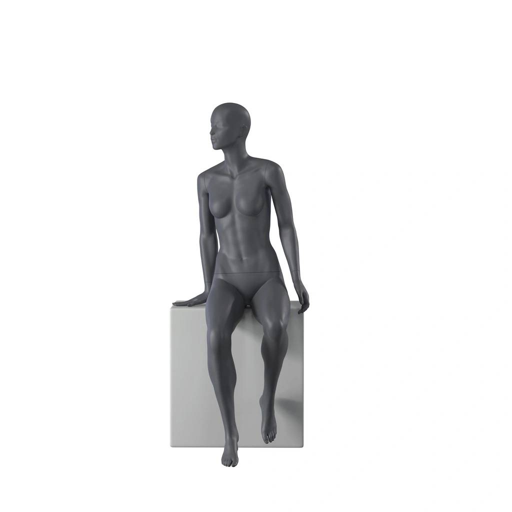 Sport dames mannequin, grafiet grijs, gestilleerd hoofd, zittende pose 54