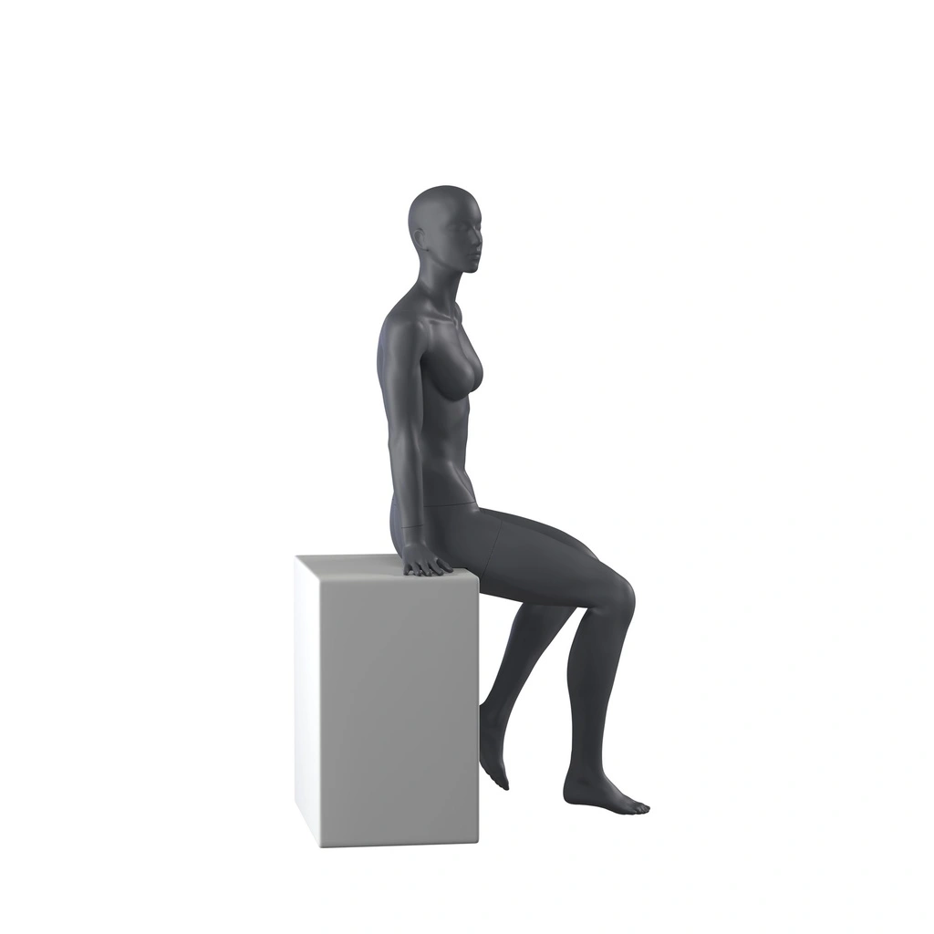 Sport dames mannequin, grafiet grijs, gestilleerd hoofd, zittende pose 54