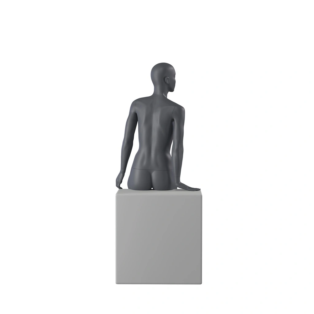 Sport dames mannequin, grafiet grijs, gestilleerd hoofd, zittende pose 54