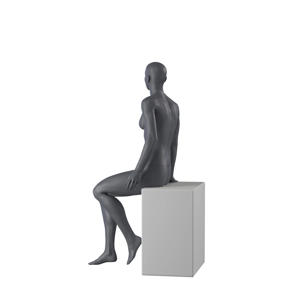 Sport dames mannequin, grafiet grijs, gestilleerd hoofd, zittende pose 54