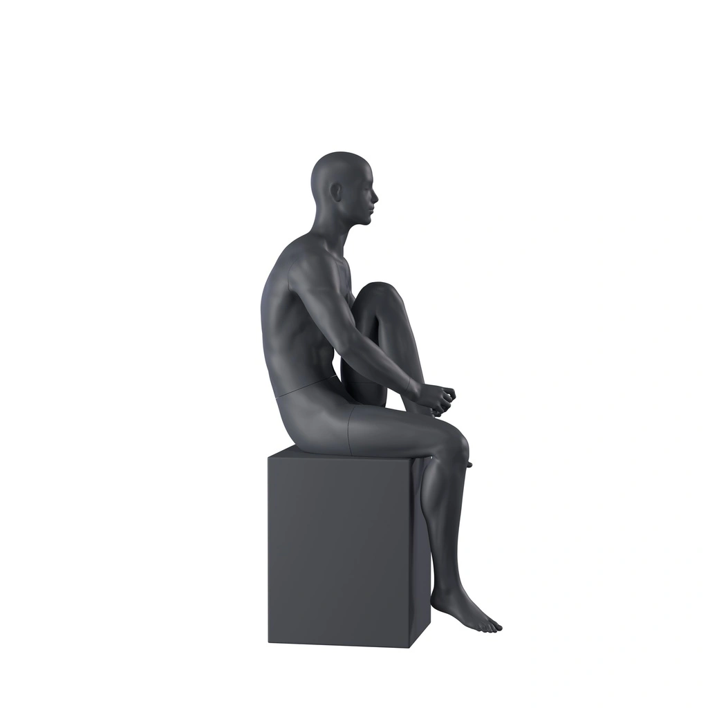 Sport heren mannequin, grafiet grijs, gestilleerd hoofd, zittende pose 332