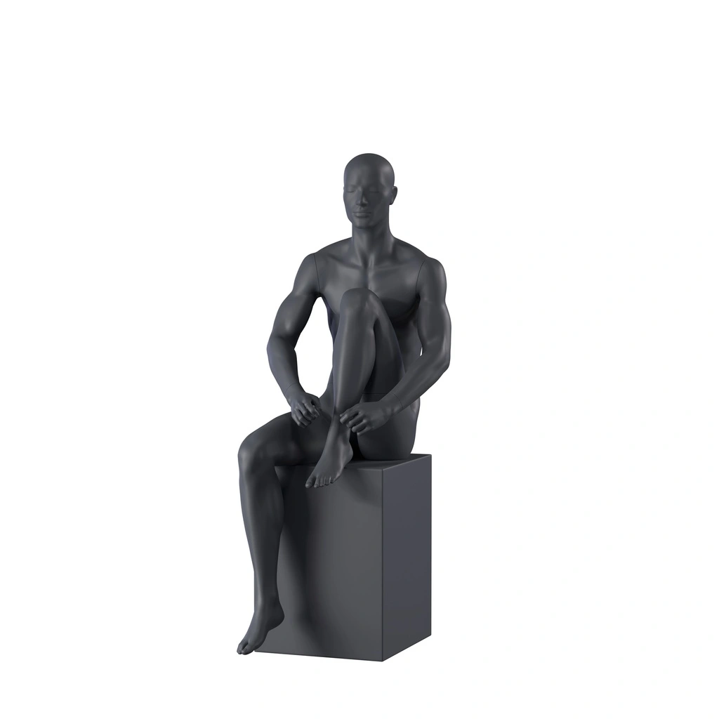 Sport heren mannequin, grafiet grijs, gestilleerd hoofd, zittende pose 332