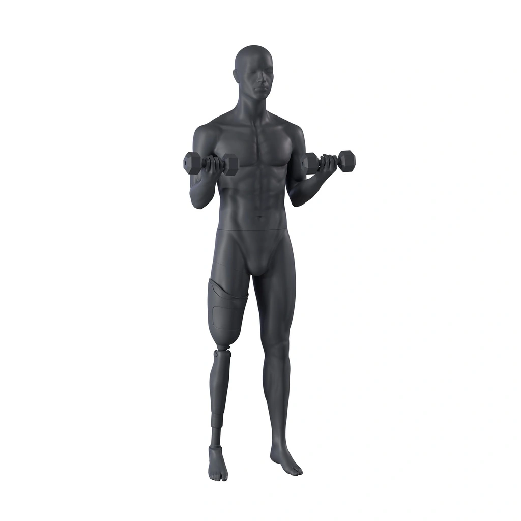 Fitness heren mannequin met prothesebeen, grafiet grijs, gestilleerd hoofd, staande pose 419