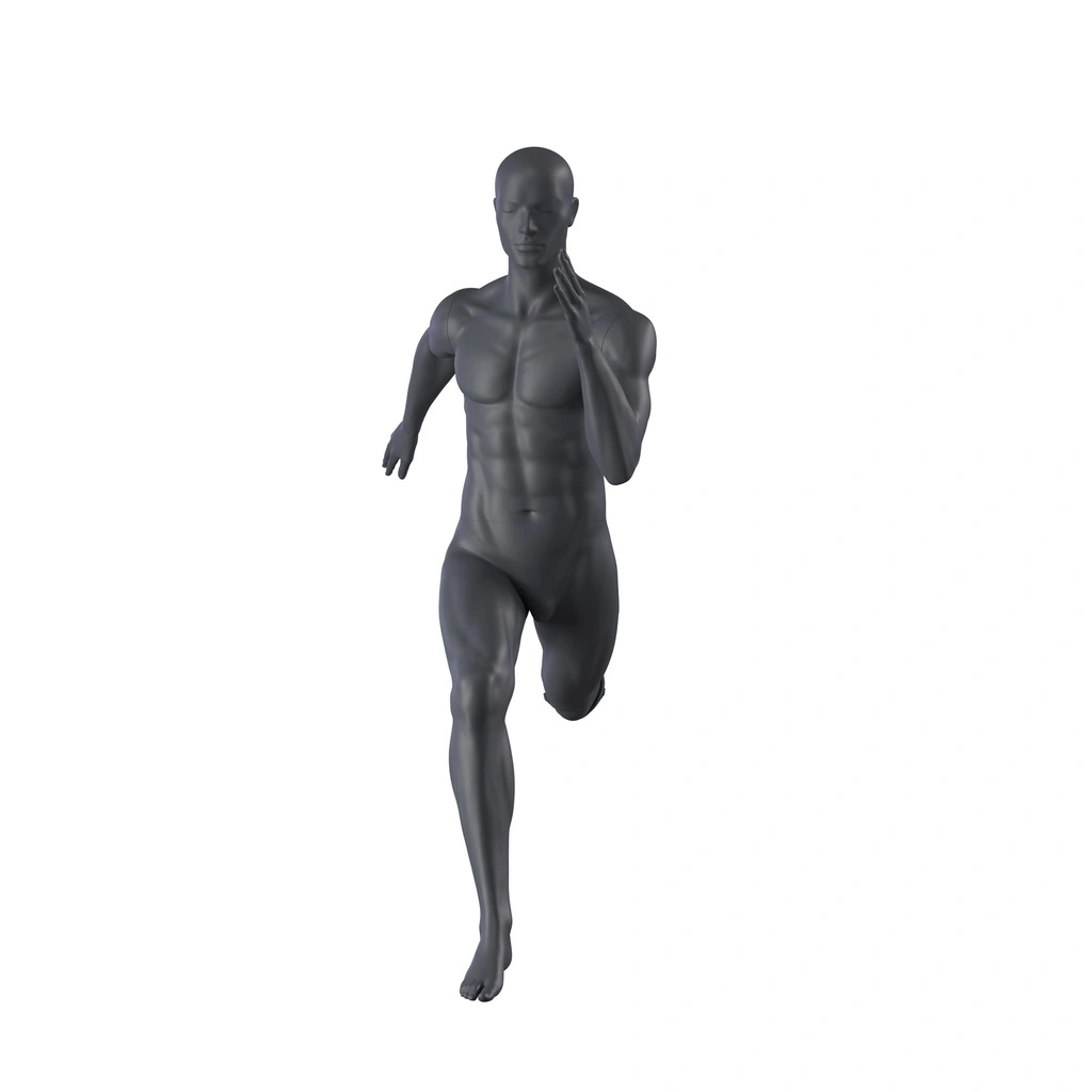 Running heren mannequin met prothesebeen, grafiet grijs, gestilleerd hoofd, staande pose 405