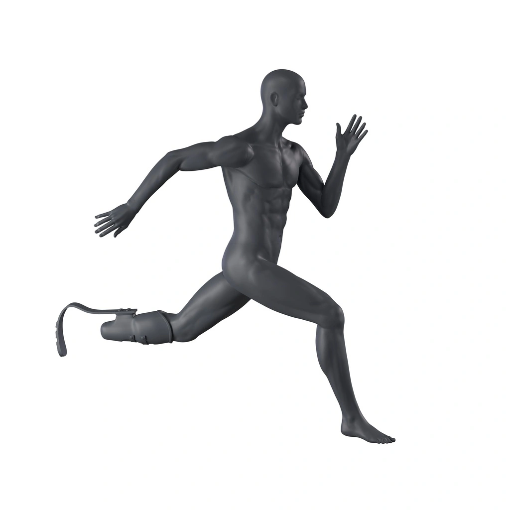 Running heren mannequin met prothesebeen, grafiet grijs, gestilleerd hoofd, staande pose 405
