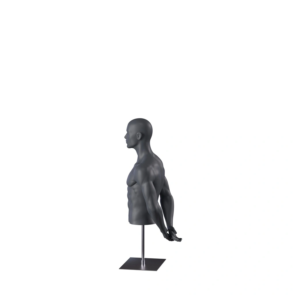 Sport herenbuste zonder benen, grafiet grijs, metalen sokkel, gestilleerd hoofd, pose 552 