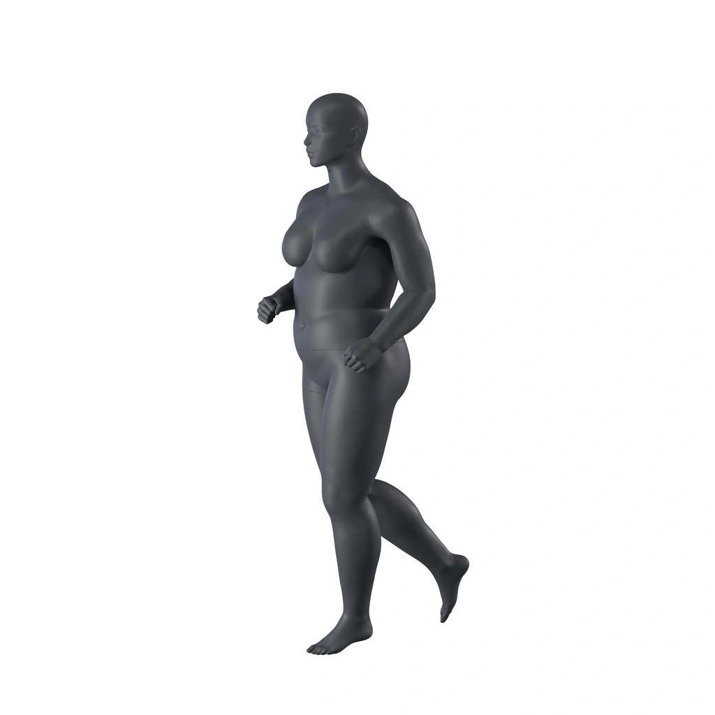 Lopende sport dames mannequin, grafiet grijs, gestilleerd hoofd, staande pose 36